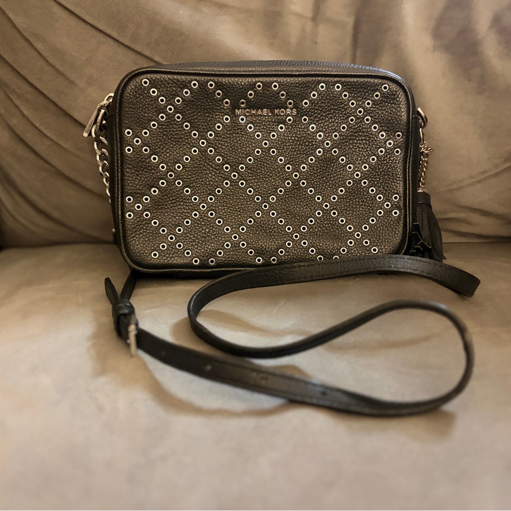 Michael Kors Black Leather Crossbody with silver Eyelet/ grommet Diamond pattern